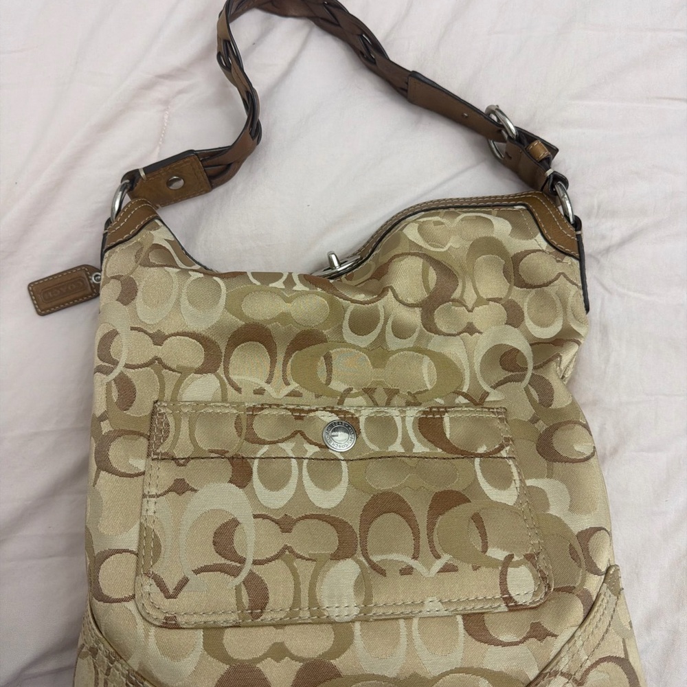 Coach Beige and Brown Signature Shoulder Bag